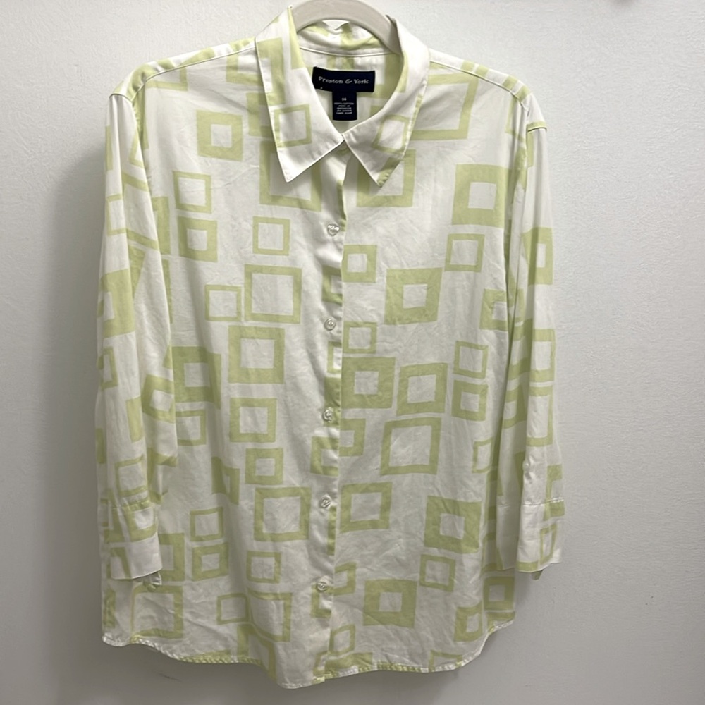 Preston & York 100% Cotton Blouse Button Down Roll Cuff Sleeves Size 14 EUC